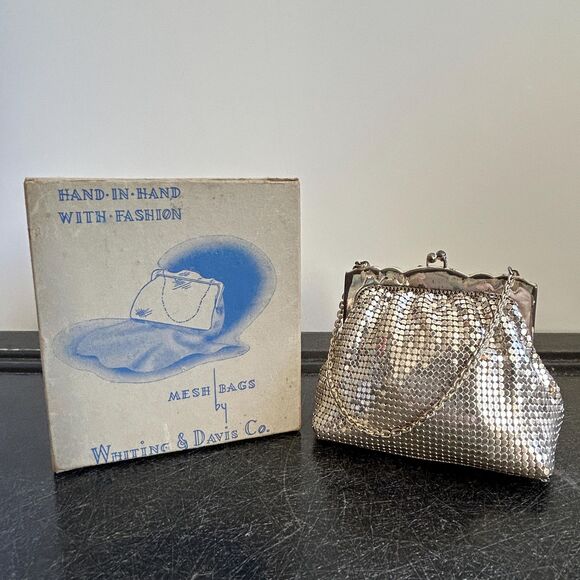 Whiting & Davis Handbags - Vintage 40s Whiting and Davis Small Silver Mesh Mini Handbag with Box